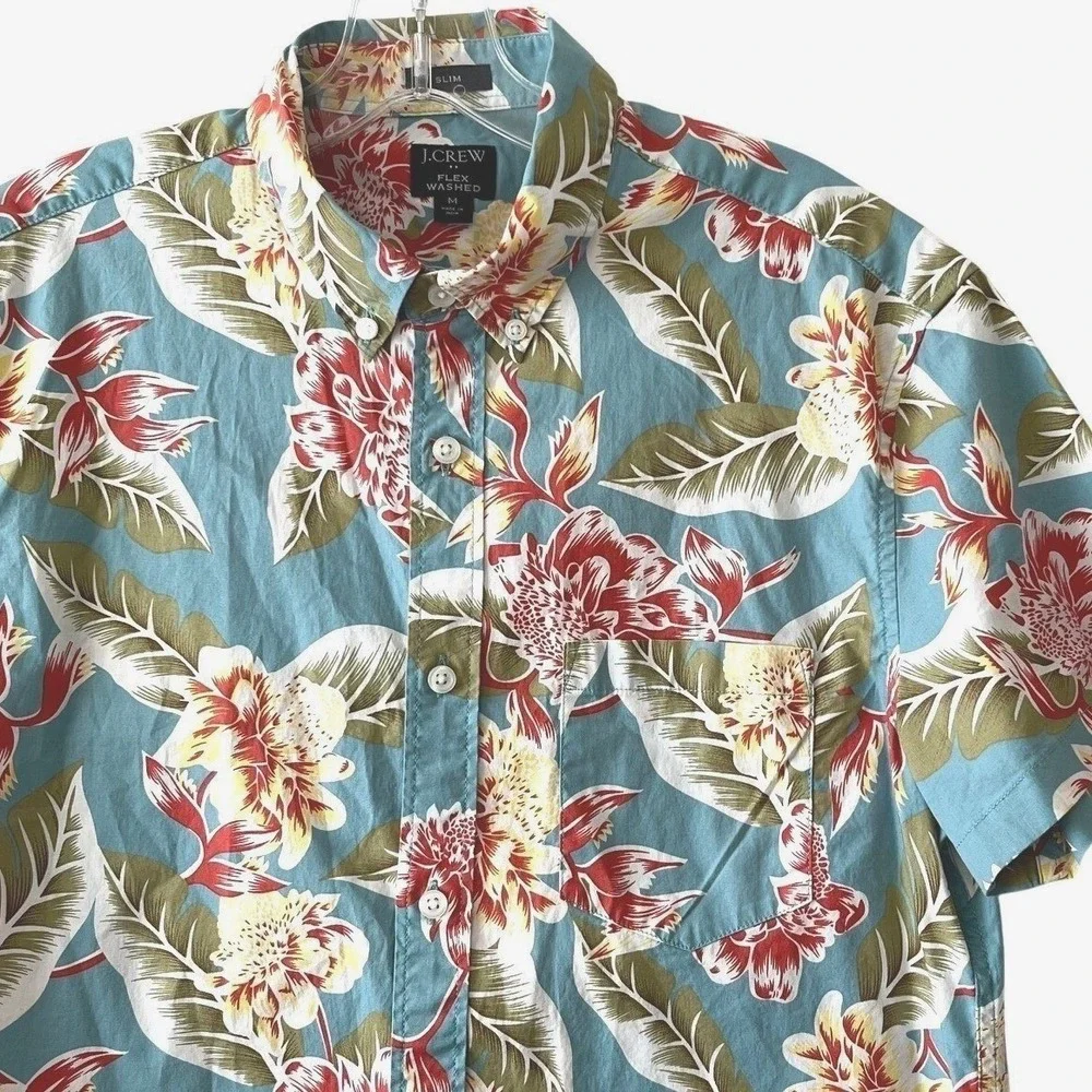 J. Crew Men Flex Washed Shirt M Blue Floral Slim Fit SS Stretch‎ Hawaiian Preppy